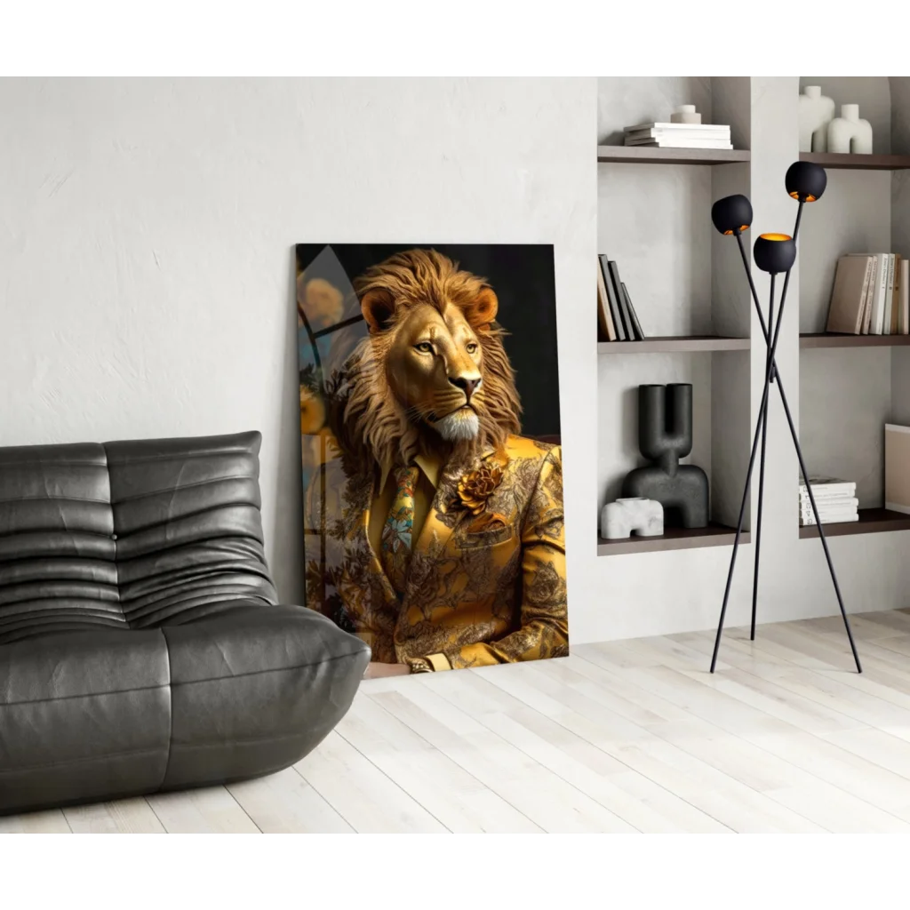 Regal golden lion portrait on glass wall art print
