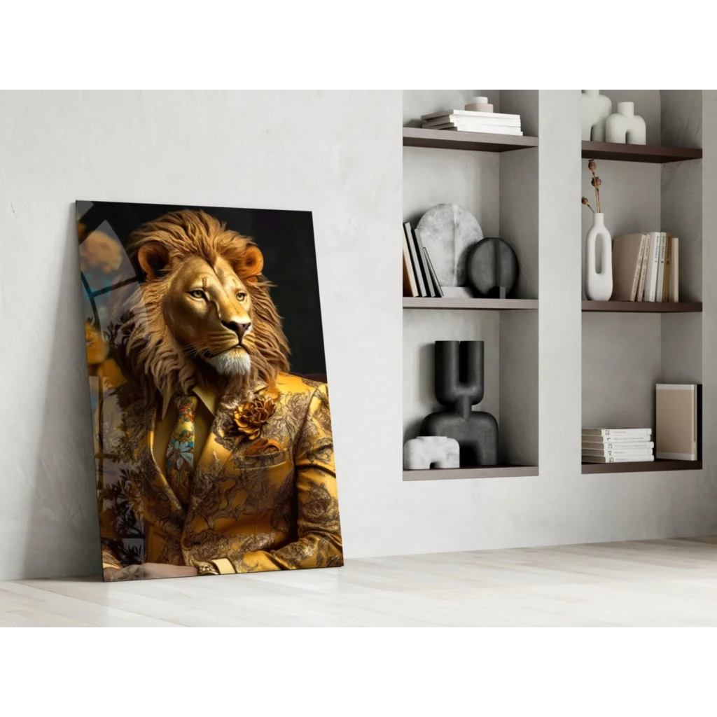Regal bearded lion in gold suit on glass wall art print