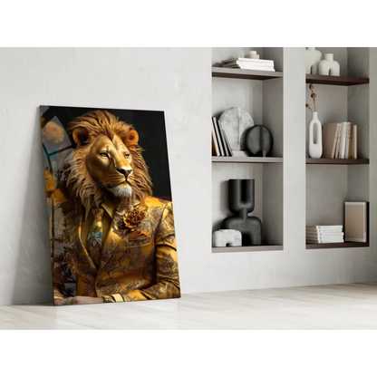 Regal bearded lion in gold suit on glass wall art print