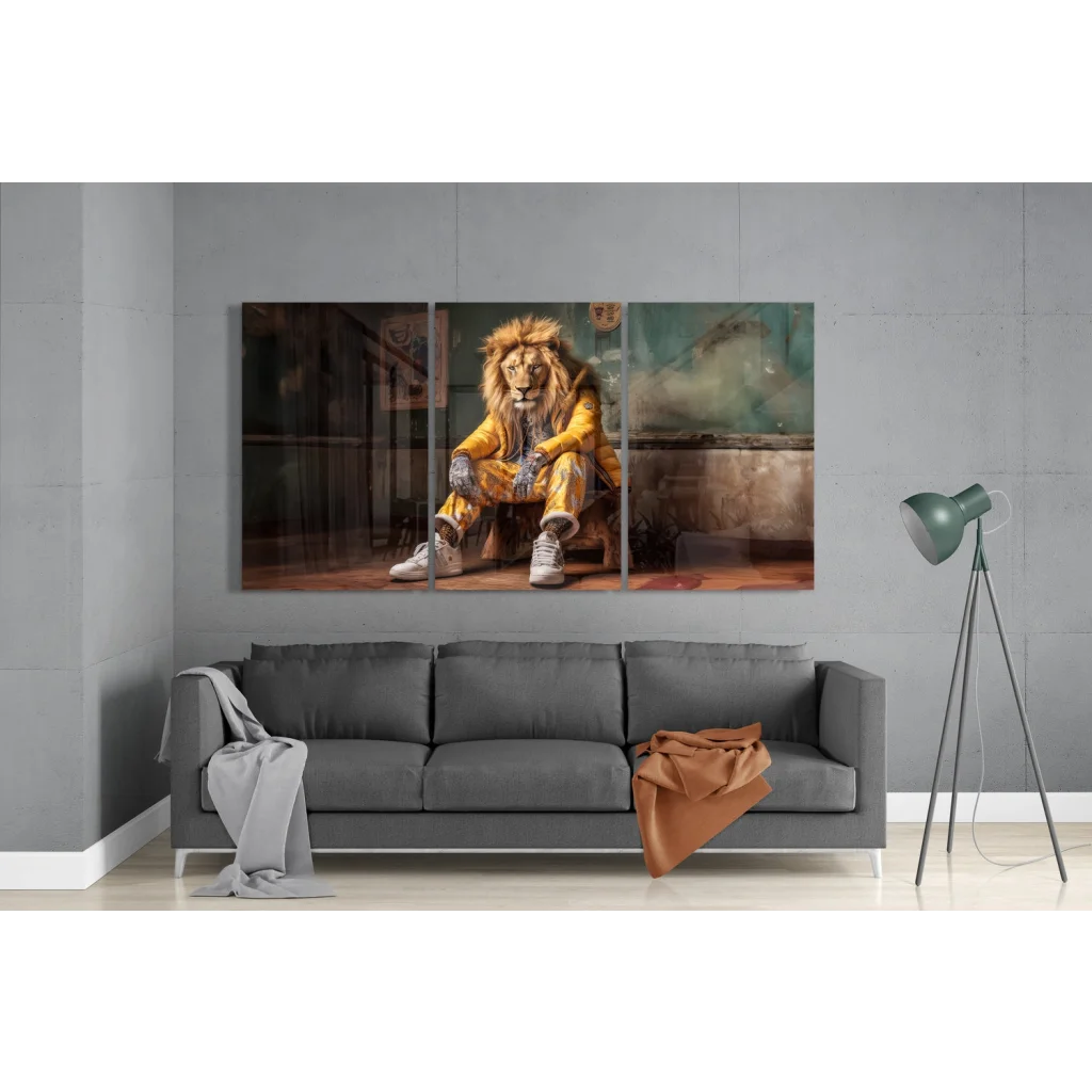 Bold lion athlete insigne glass art triptych canvas print