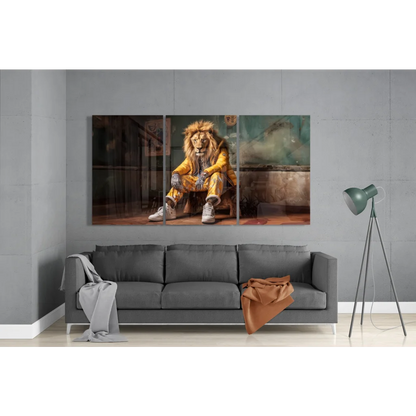 Bold lion athlete insigne glass art triptych canvas print