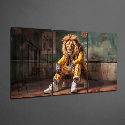 Bold yellow lion in suit on stool, stunning glass art triptych print