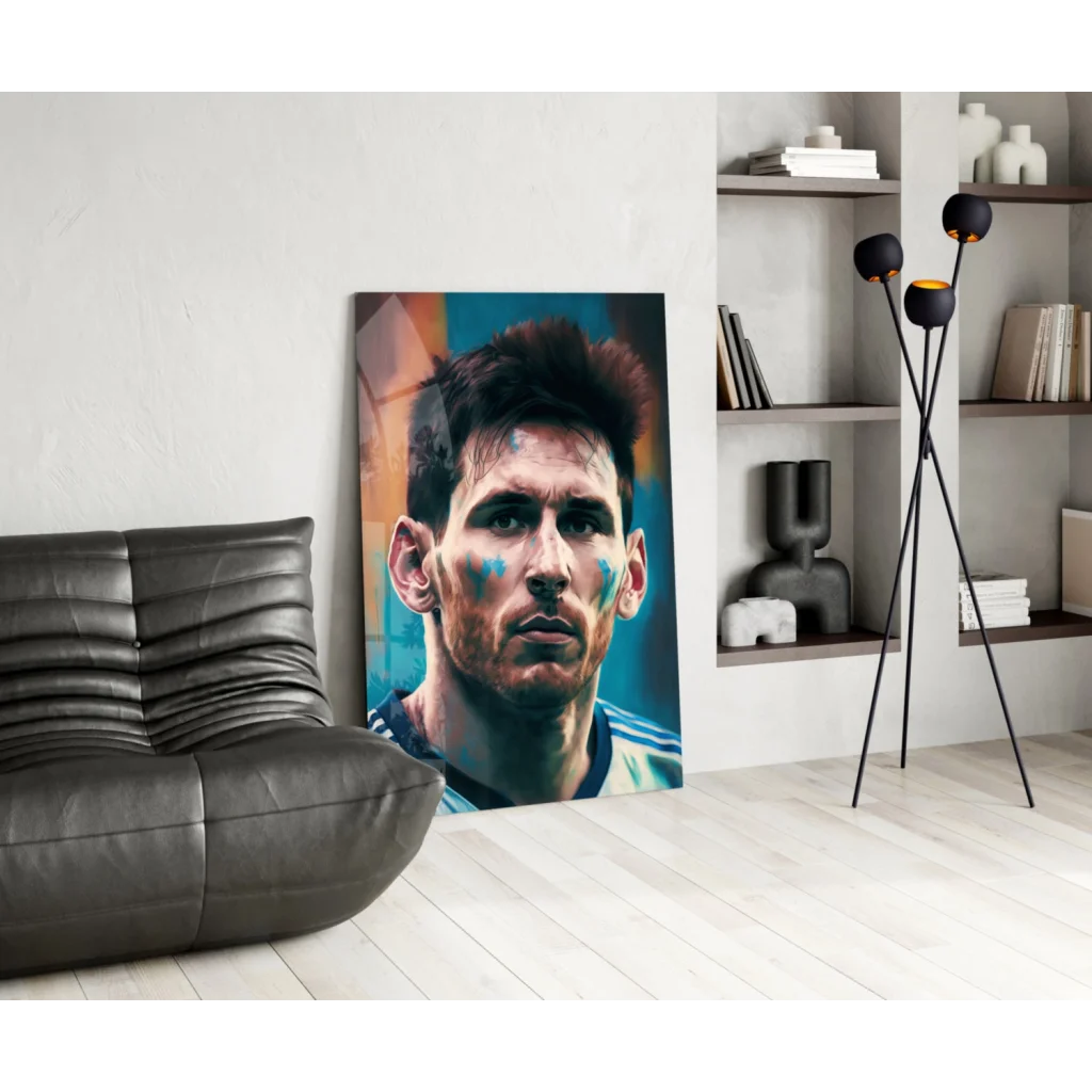 Modern black leather couch with Lionel Messi wall art poster