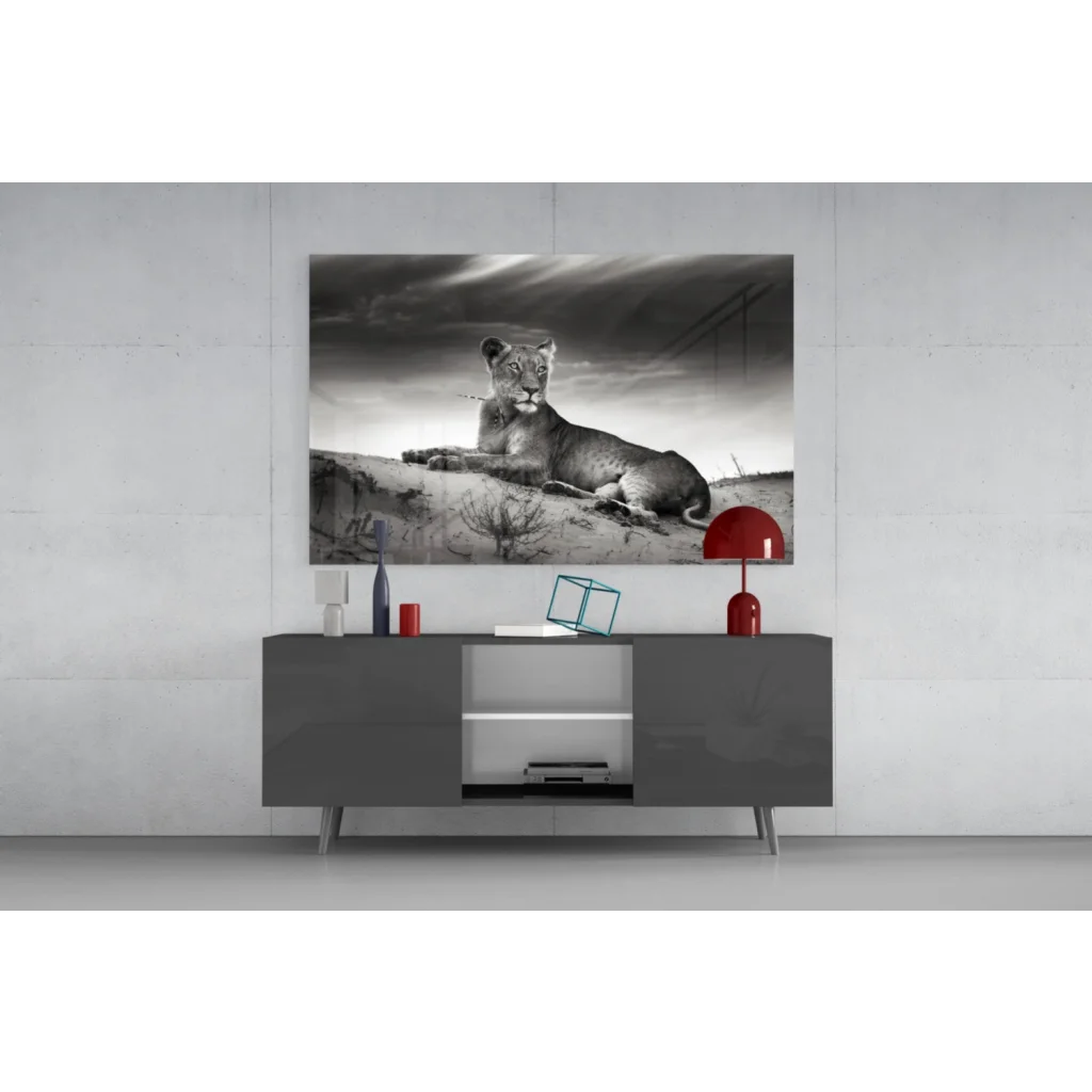 Majestic lioness black and white canvas wall art on rocks under dramatic skies