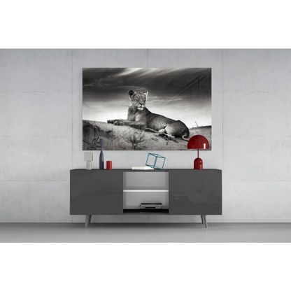 Majestic lioness black and white canvas wall art on rocks under dramatic skies