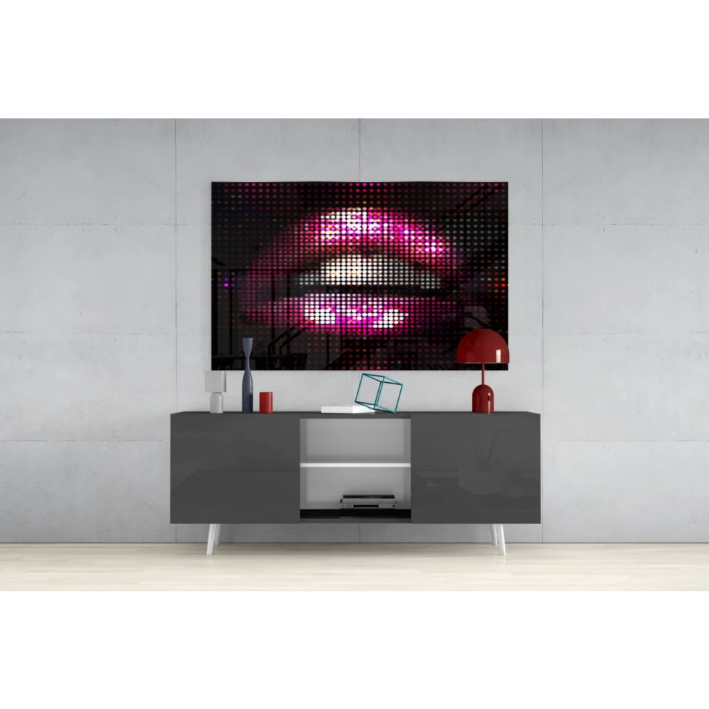 Pixelated pink lips LED glass wall art on black frame
