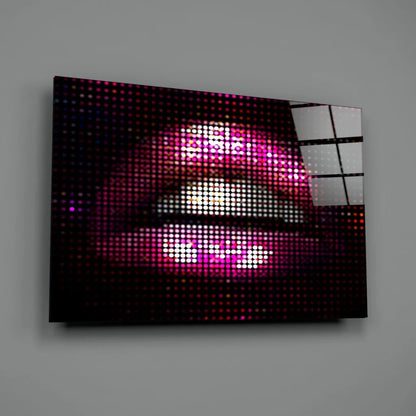 Pixelated pink lips LED glass wall art with vibrant pink white dot-matrix design