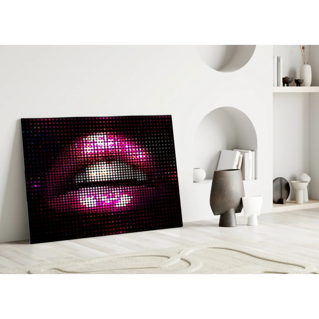 Pixelated Pink Lips LED glass wall art canvas with glossy pink lips on black background