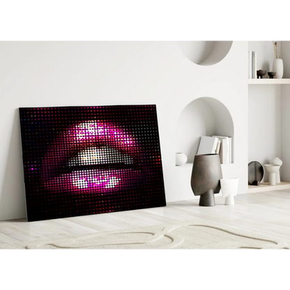 Pixelated Pink Lips LED glass wall art canvas with glossy pink lips on black background
