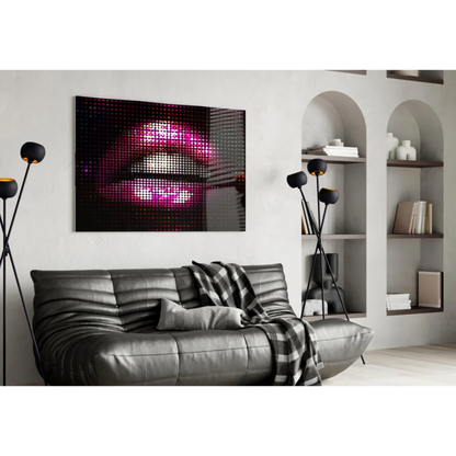 Vibrant pink pixelated lips glass wall art in sleek black frame