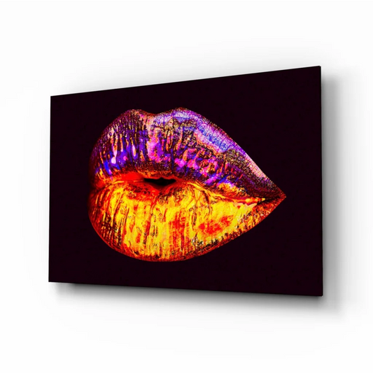 Fiery Gradient Lips Glass Wall Art with Glitter Sparkle | Insigneart USA | vintageantiquesgifts.com