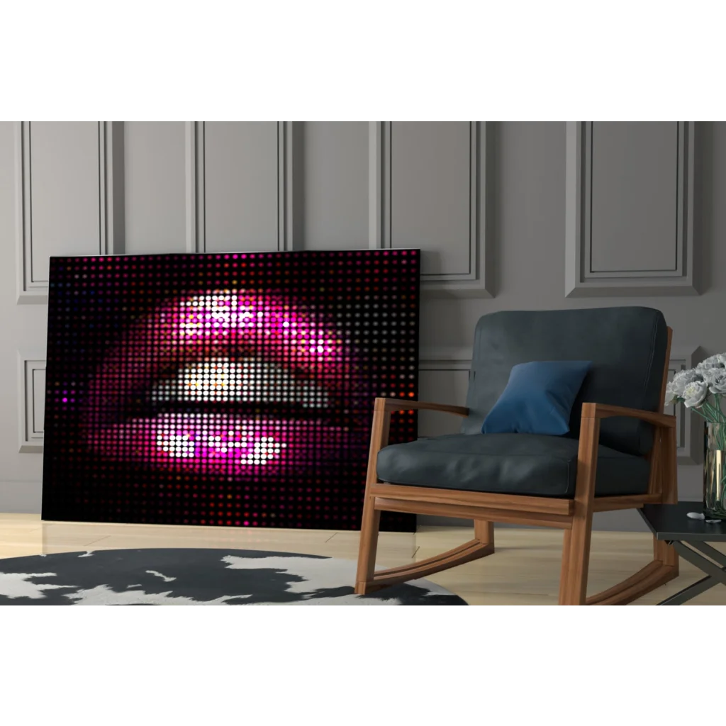 Vibrant pixelated pink lips LED glass wall art on black frame