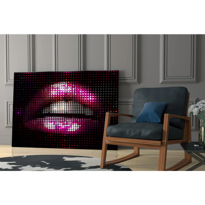 Vibrant pixelated pink lips LED glass wall art on black frame