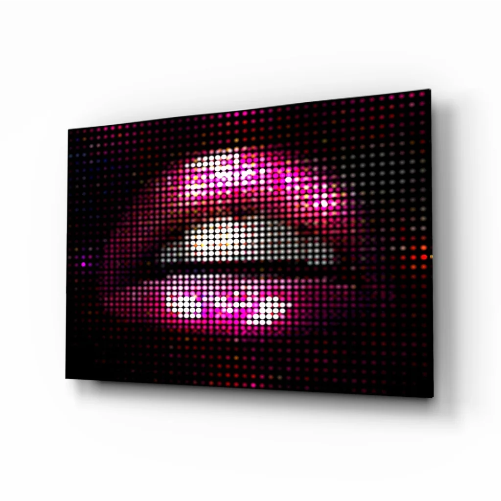 Vibrant pink and white LED pixelated lips on glass wall art canvas