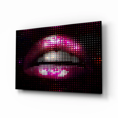 Vibrant pink and white LED pixelated lips on glass wall art canvas