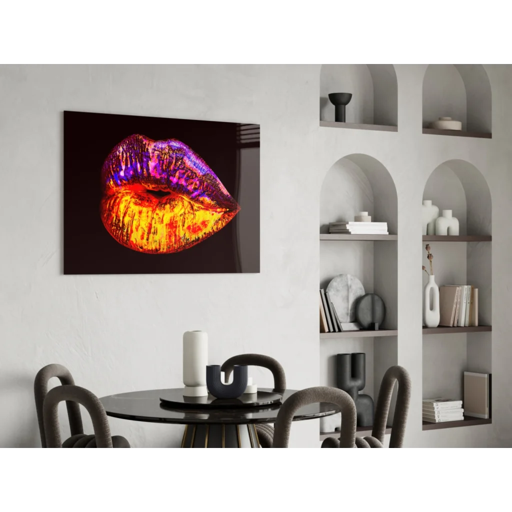 Vibrant glossy lips in fiery purple to orange gradient on glittery glass wall art