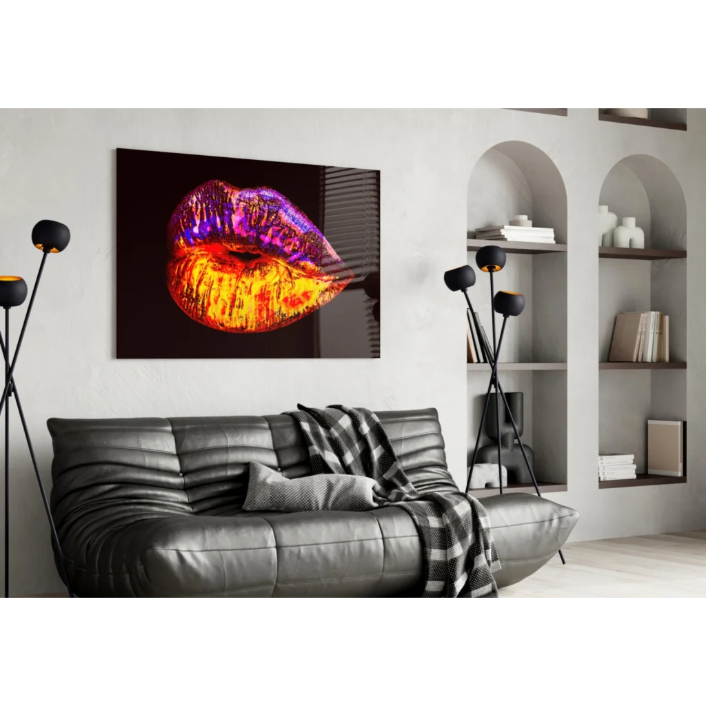 Fiery Gradient Lips Glass Wall Art with Glitter Sparkle | Contemporary Home Wall Art | vintageantiquesgifts.com