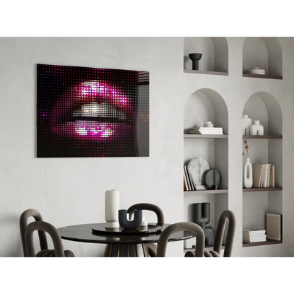 Vibrant pink pixelated lips LED glass wall art on canvas