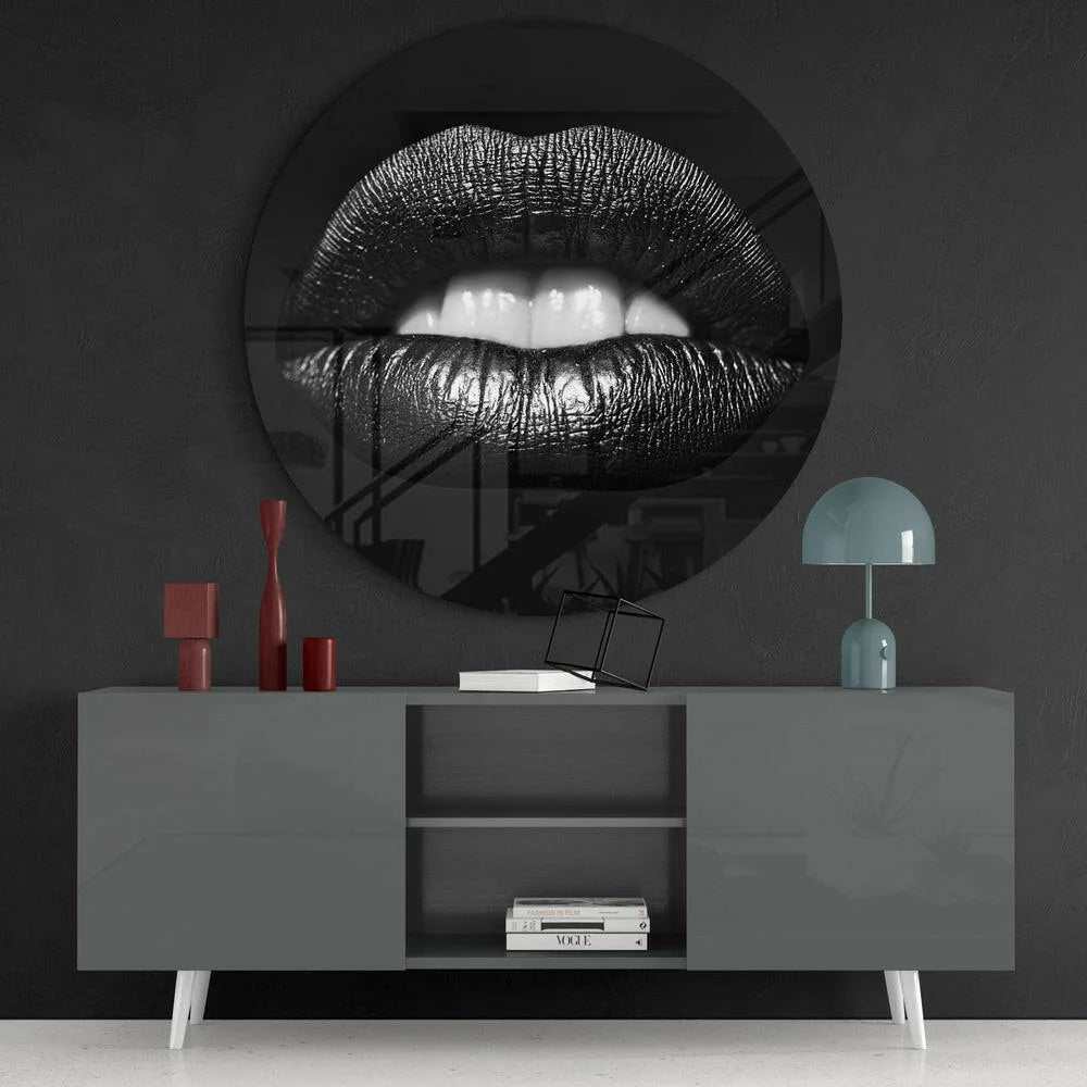 Bold black lips tempered glass art with glossy textured sheen