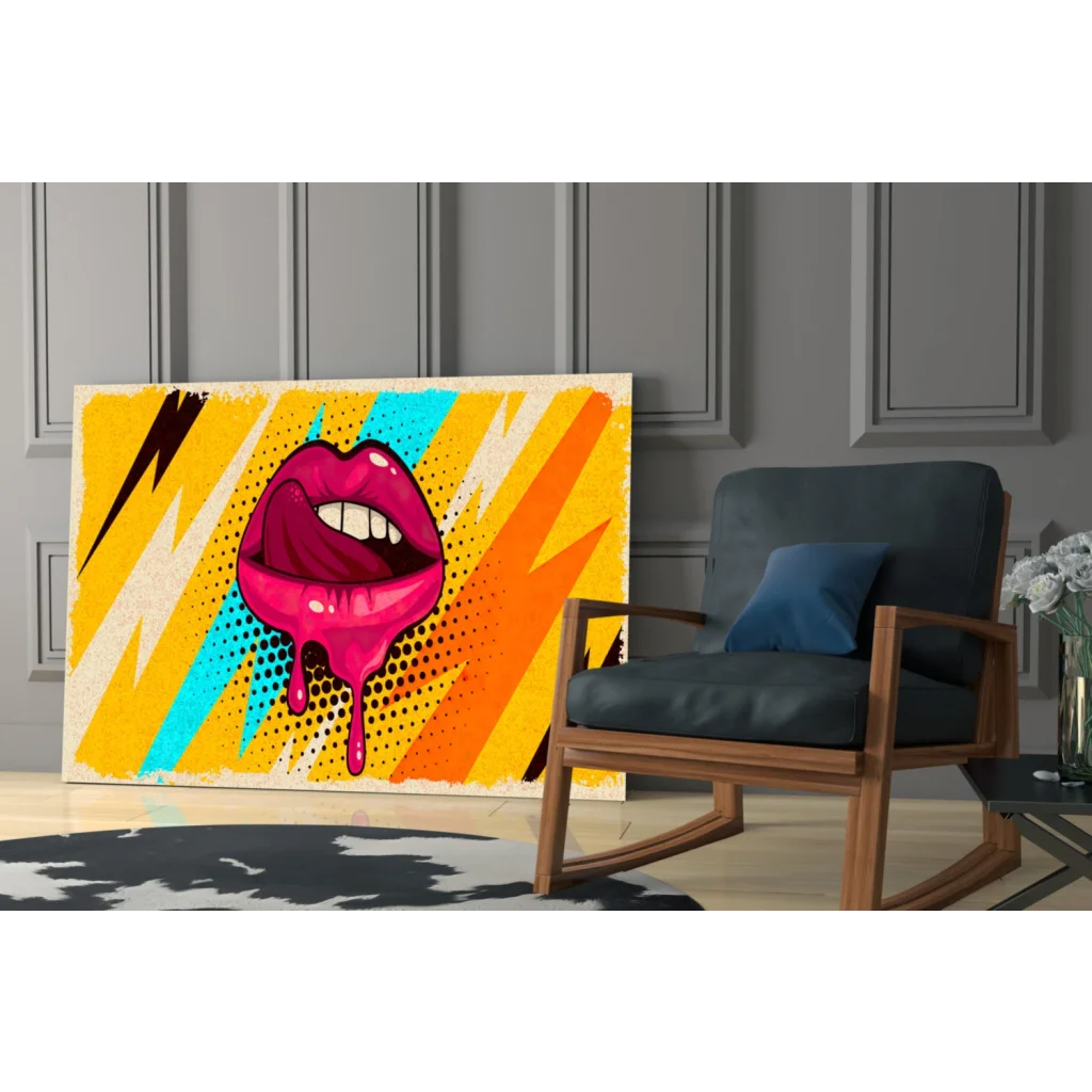 Vibrant pop art wall art of pink lips dripping gloss on lightning bolts