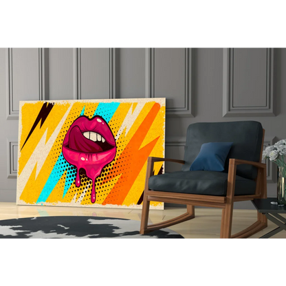 Vibrant pop art wall art of pink lips dripping gloss on lightning bolts