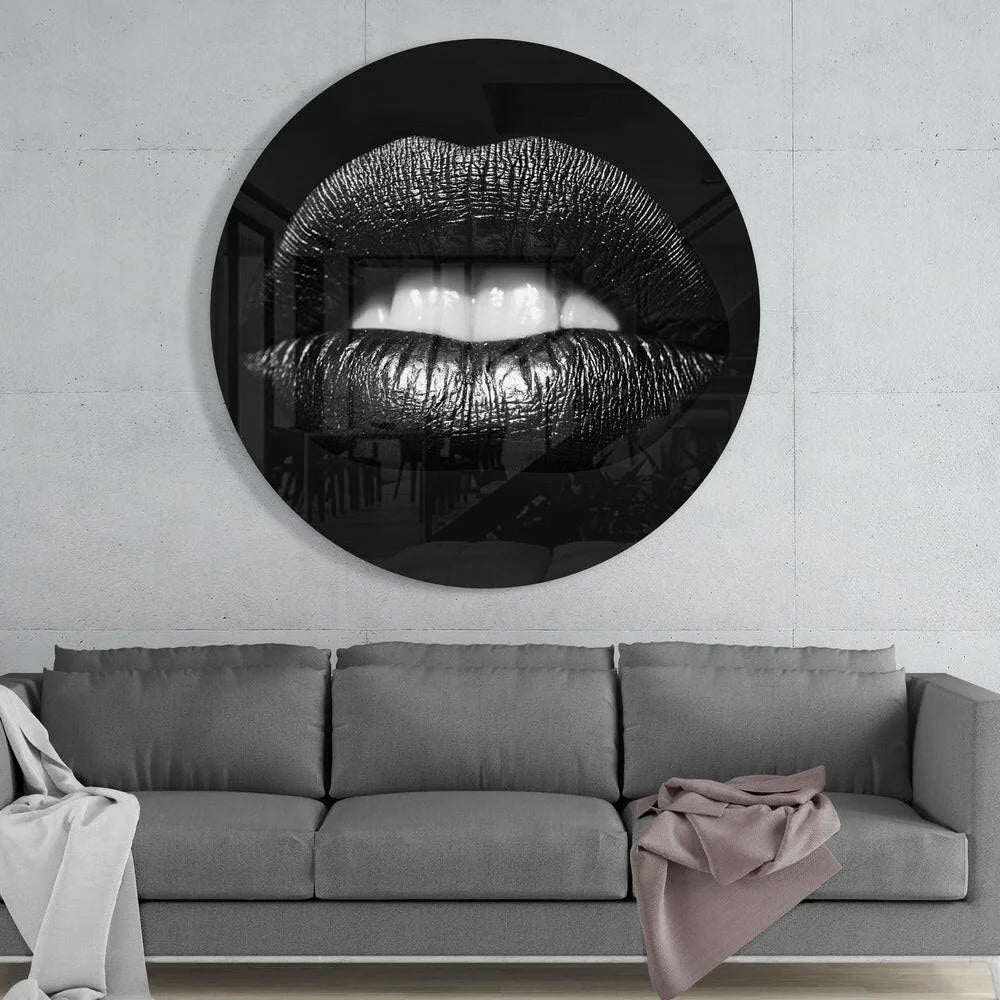 Bold black-and-white tempered glass art of circular metallic lips for modern walls