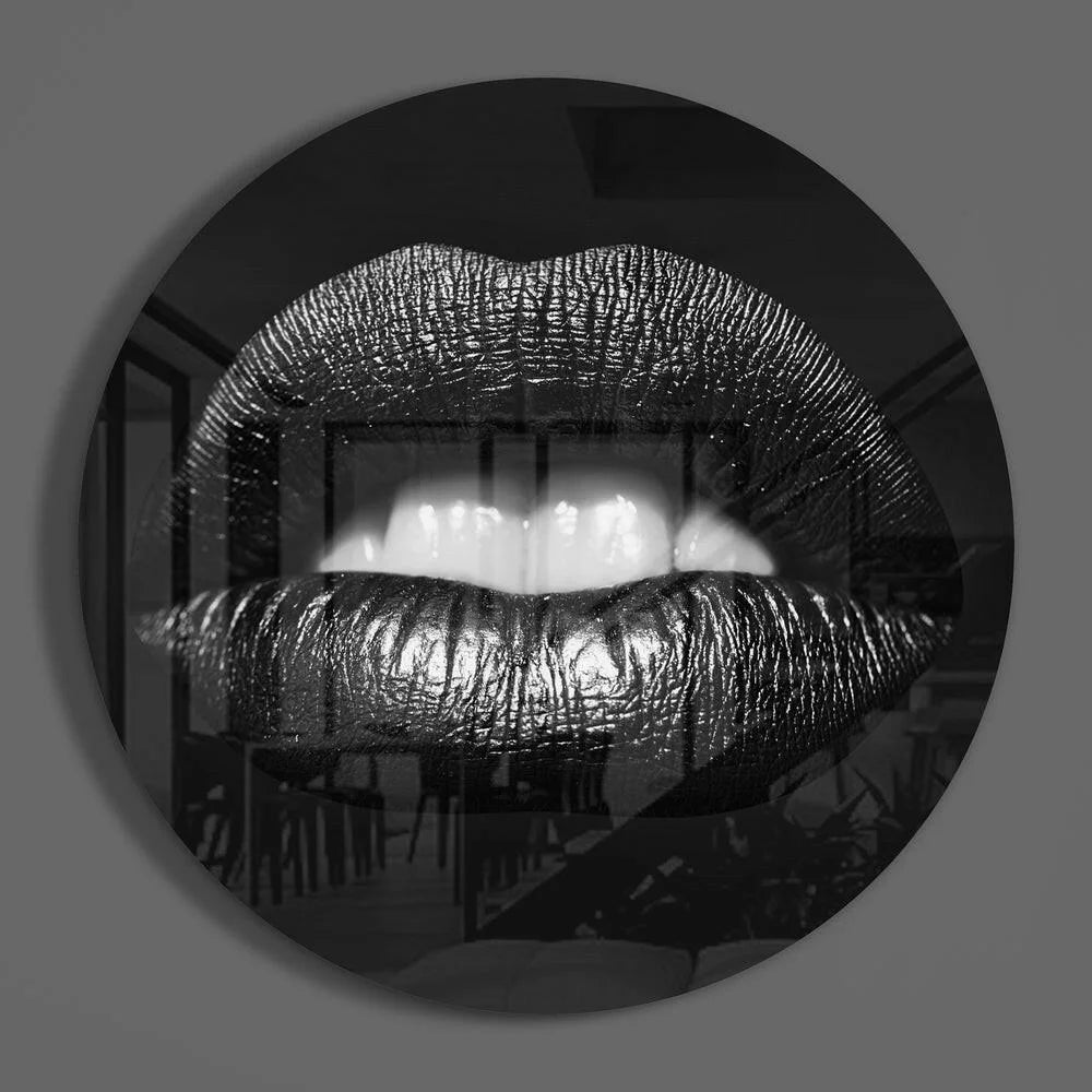 Bold black glossy lips and white teeth in tempered glass art