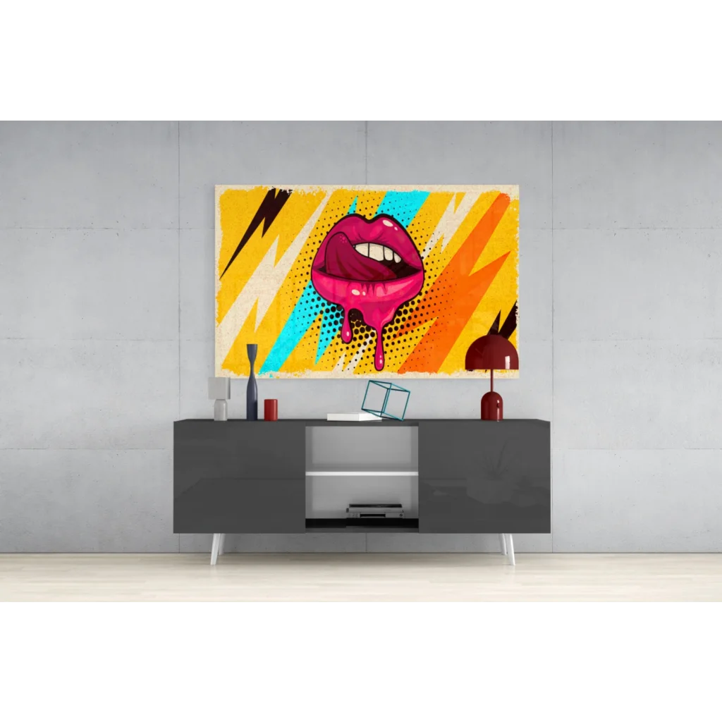 Vibrant pop art wall art with bold pink dripping lips and electric lightning strikes
