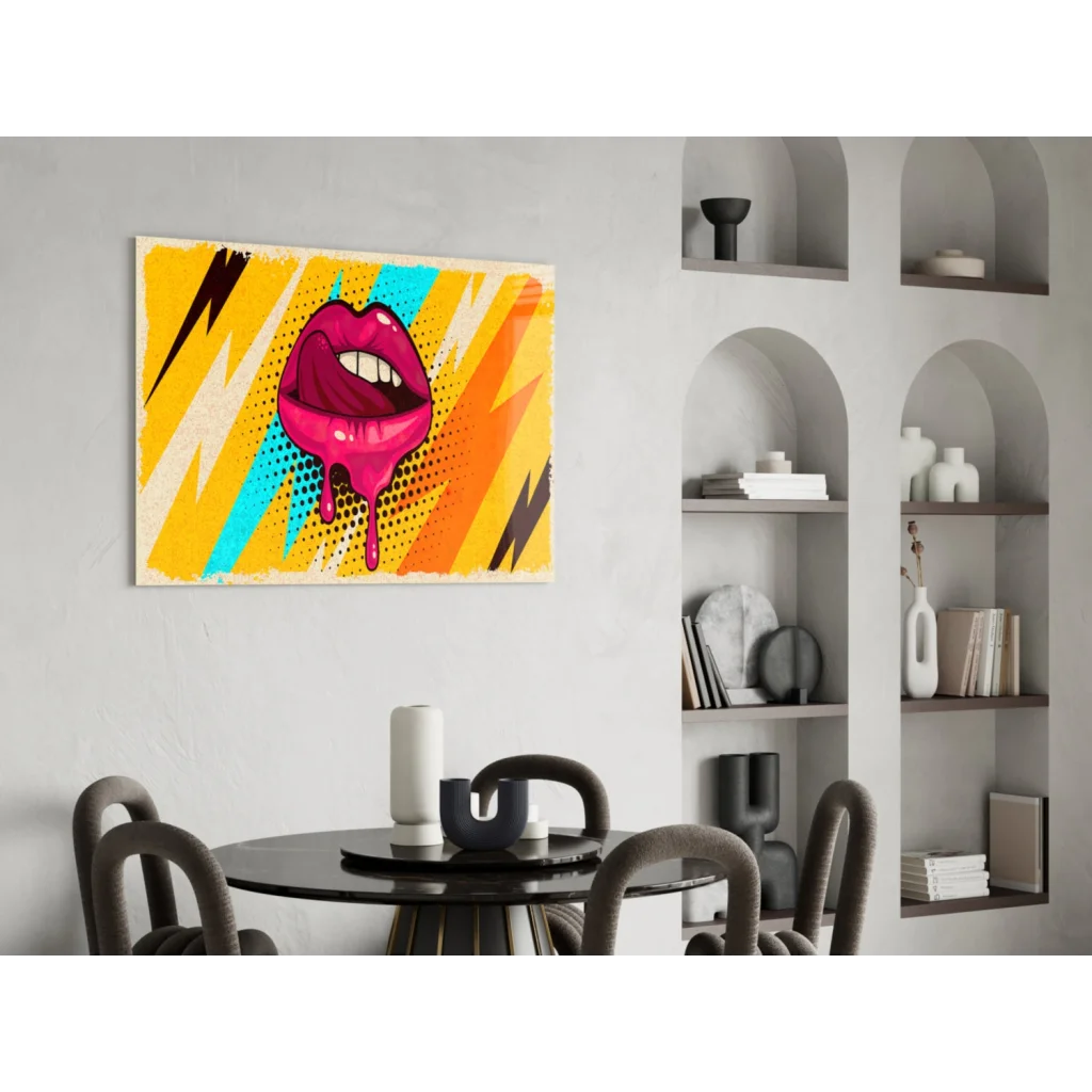 Vibrant pop art lips wall art with pink dripping lips and lightning bolts