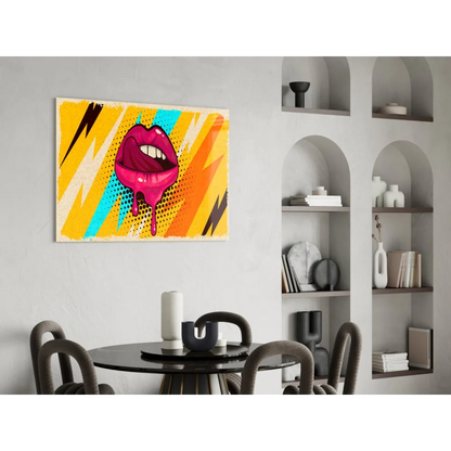 Vibrant pop art lips wall art with pink dripping lips and lightning bolts