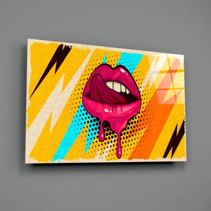 Electric Pop Art Lips Wall Art with Bold Lightning Strikes | Glass Wall Art Print | vintageantiquesgifts.com