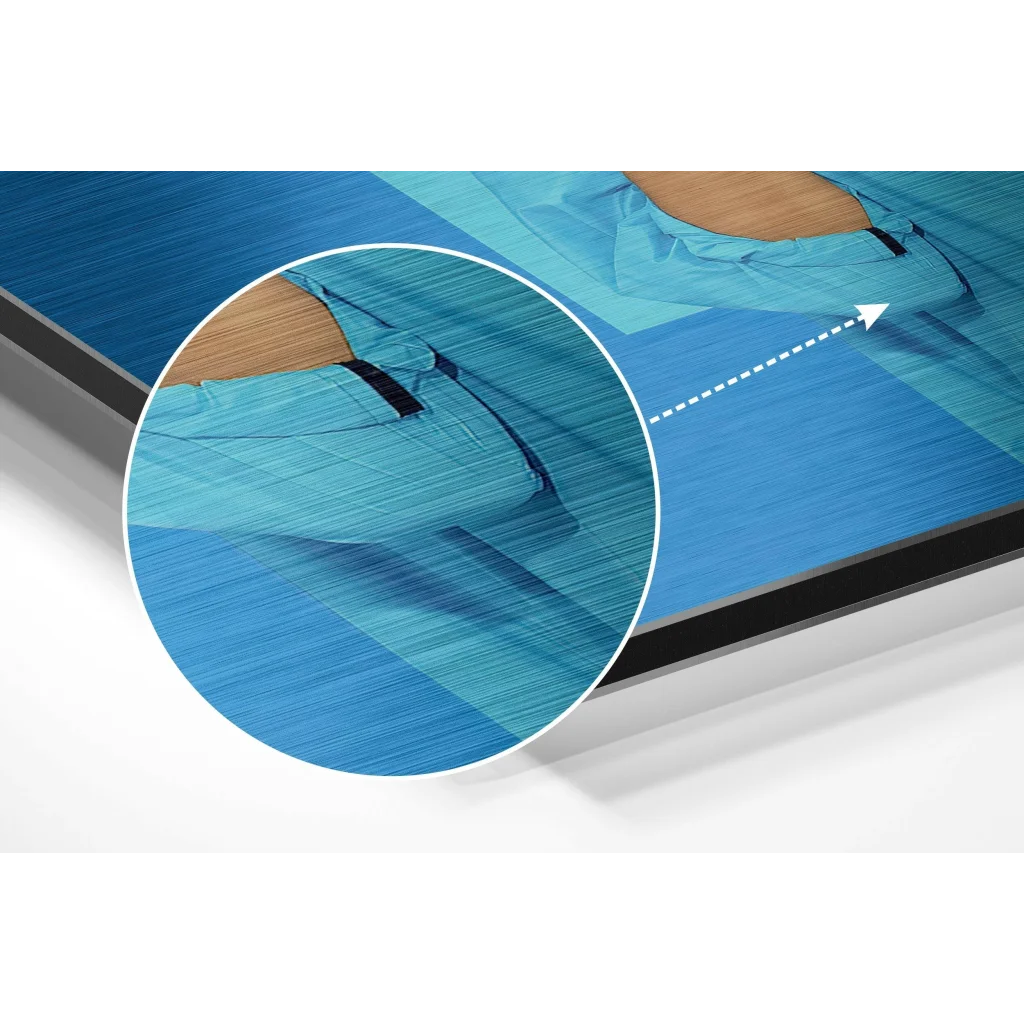 glass wall art Stunning blue textured fabric with wood grain and black zipper on brushed aluminium dibond