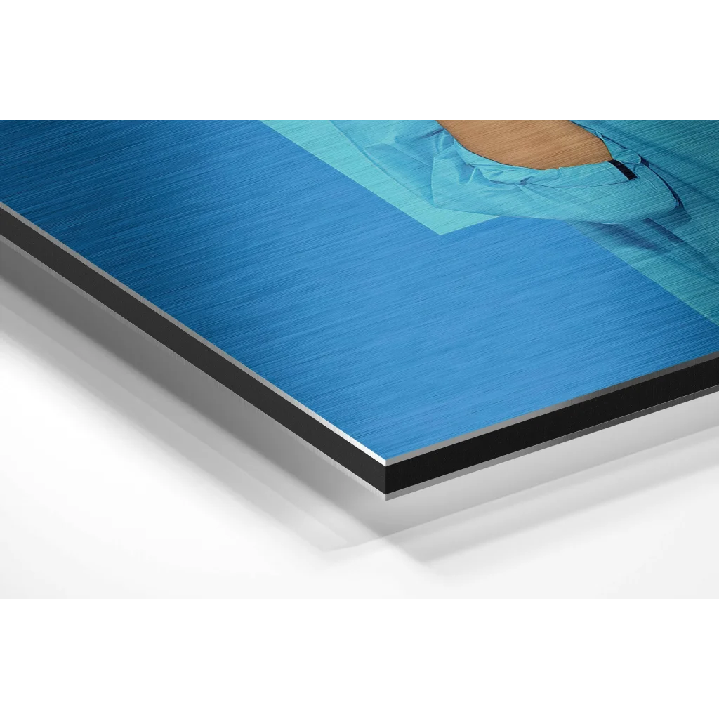 Stylized light blue surgical arm in brushed aluminium dibond frame