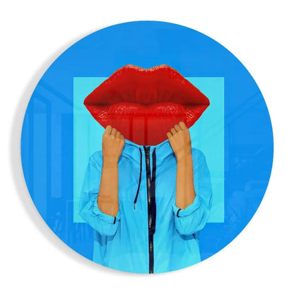 Vibrant red glossy lips in hands on tempered glass art wall piece