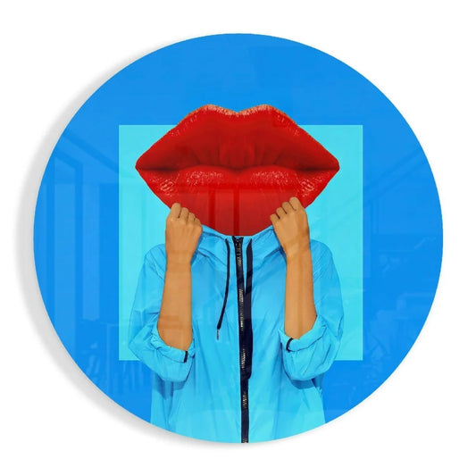 Vibrant red glossy lips in hands on tempered glass art wall piece