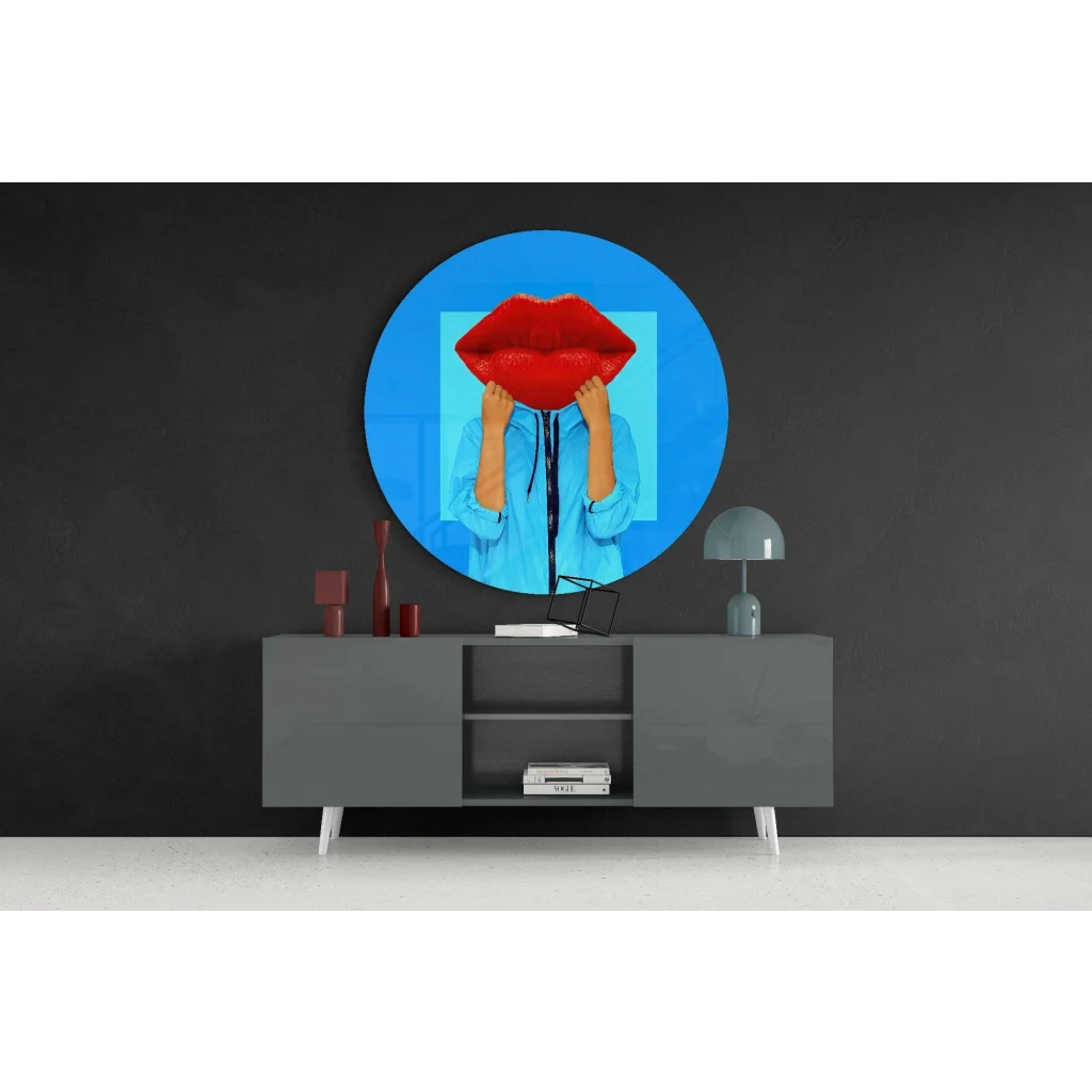 Bold red lips tempered glass art with glossy finish on blue background