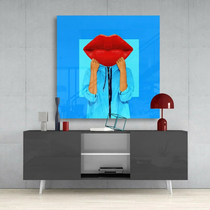 Vibrant red lips glass wall art on bold blue acrylic panel