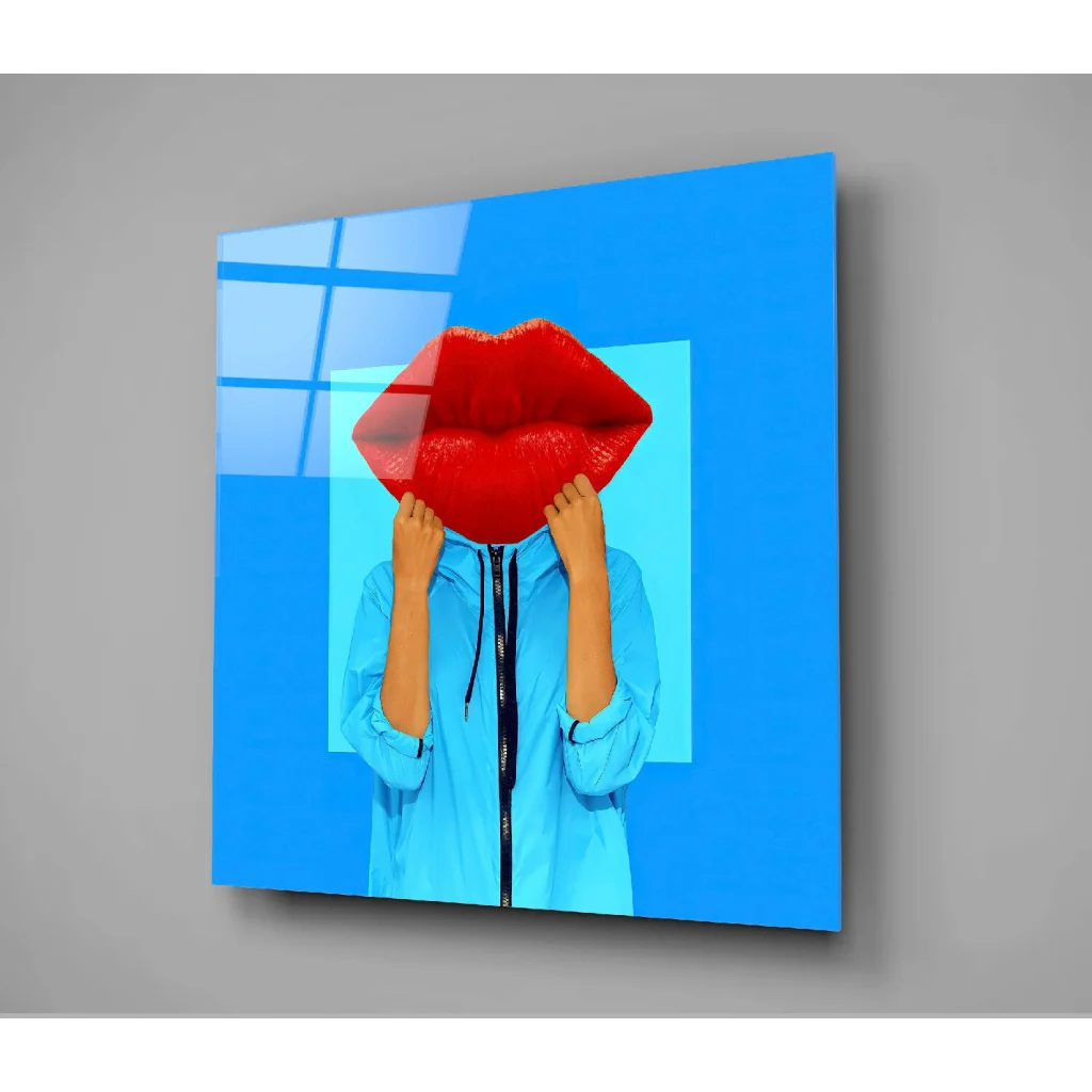 Vibrant red lips on glossy blue glass wall art panel