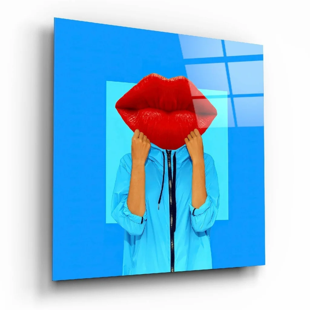 Vibrant red glossy lips on blue glass wall art panel