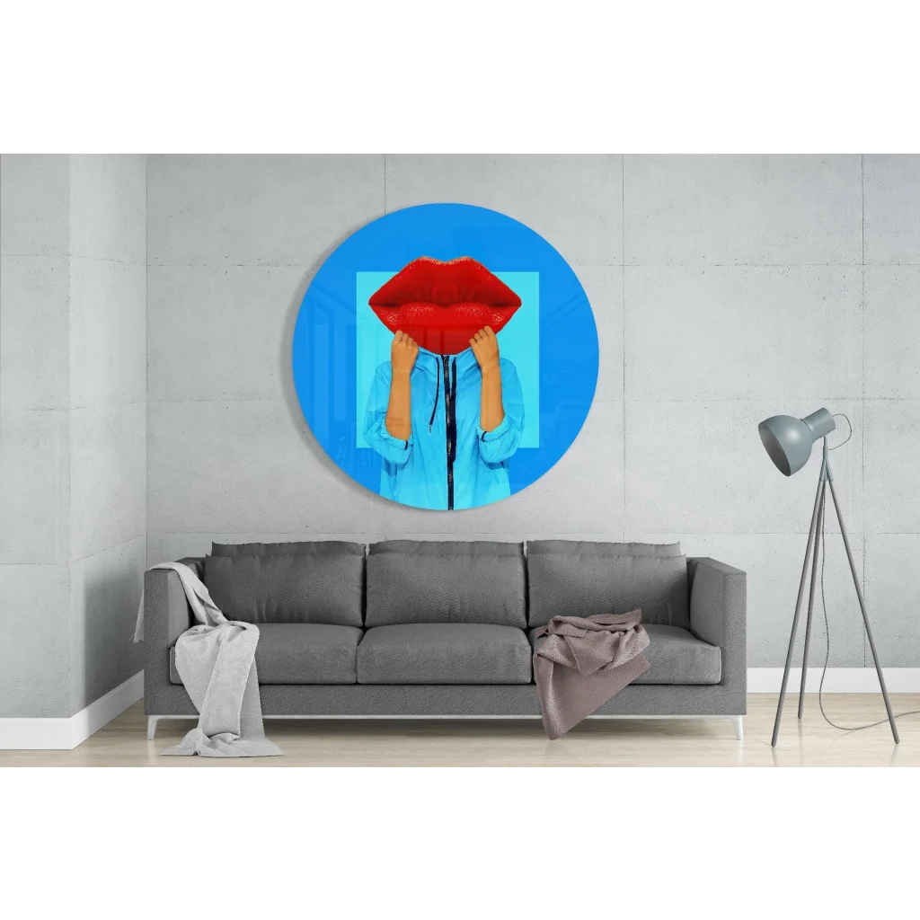 Bold red lips tempered glass art with blue hoodie figure