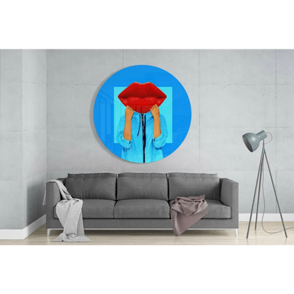 Bold red lips tempered glass art with blue hoodie figure