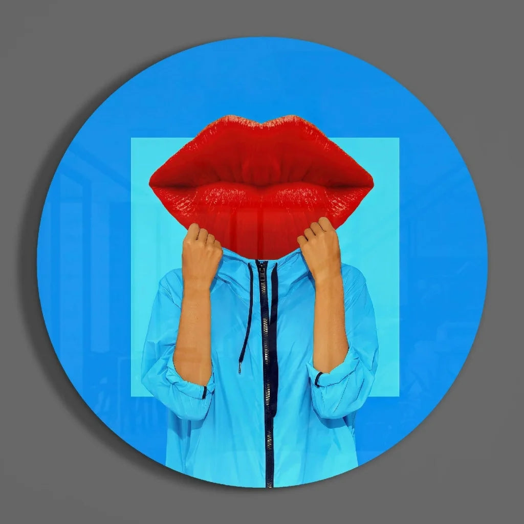 Bold red lips on tempered glass art, glossy finish on blue background