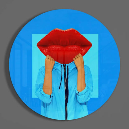 Bold red lips on tempered glass art, glossy finish on blue background
