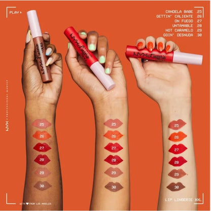 Red and white Nyx Lip Lingerie XXL lip gloss tubes with swatches