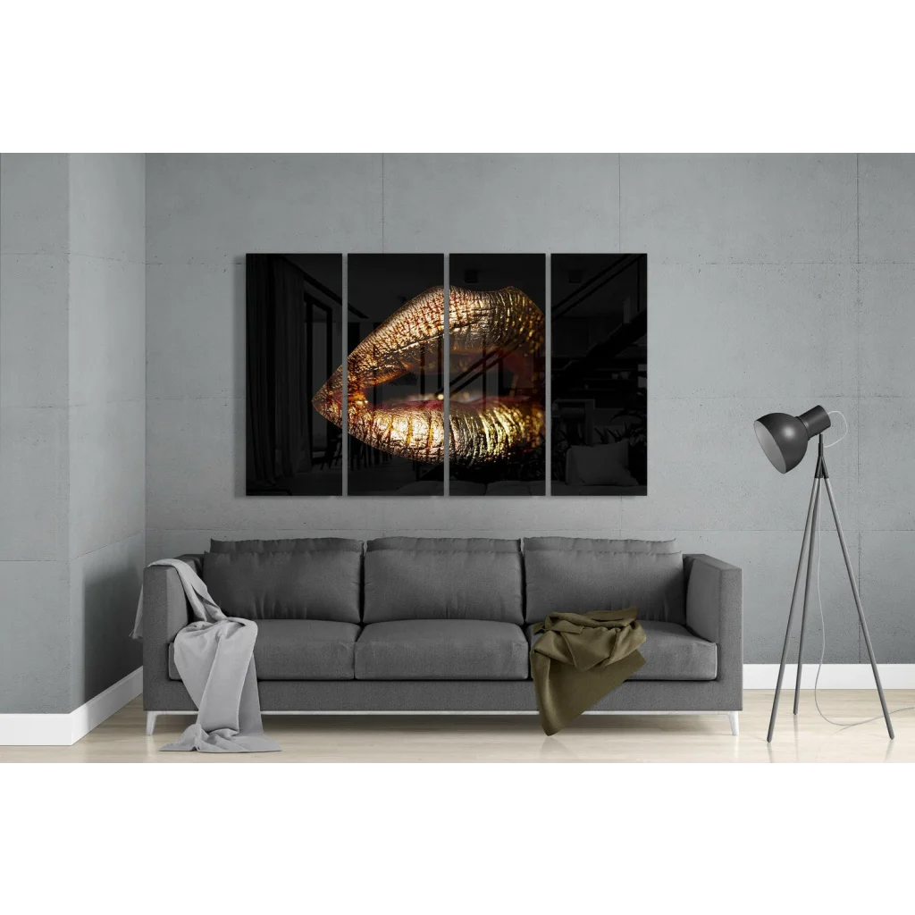 Gold lips glass wall art canvas set in modern living room