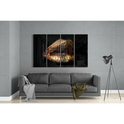 Gold lips glass wall art canvas set in modern living room