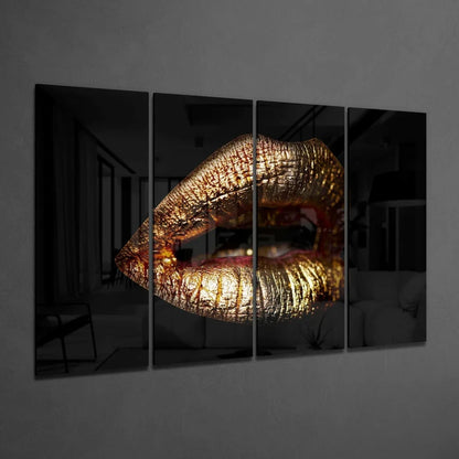 Striking gold metallic lips glass wall art on four-panel canvas set