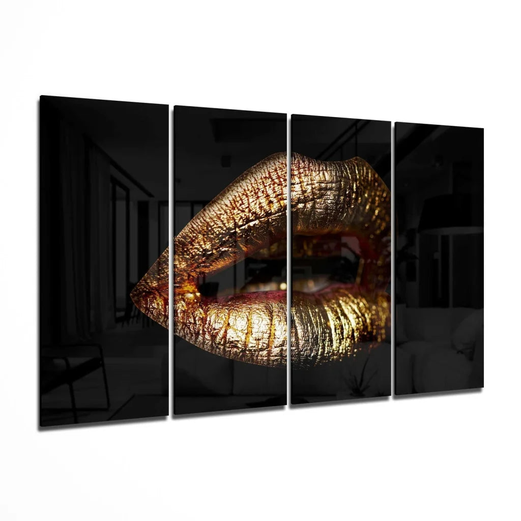 Gold lips glass wall art four panel canvas set on black background