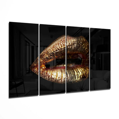 Gold lips glass wall art four panel canvas set on black background