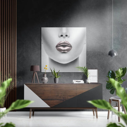Close-up glossy metallic lips on stunning brushed aluminium dibond wall art
